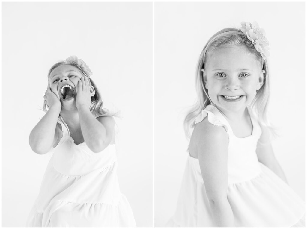 Little girl puts her hands on her cheeks while laughing during personality portrait mini sessions