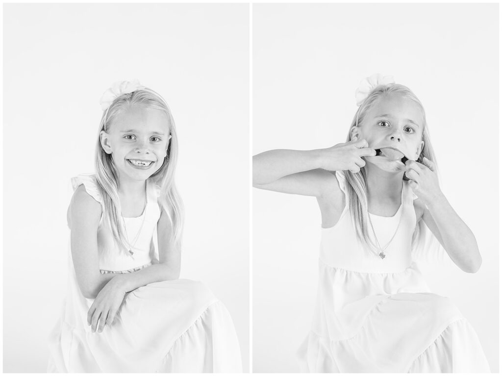 Girl gives a silly smile to northern colorado family photographer Catherine Chamberlain