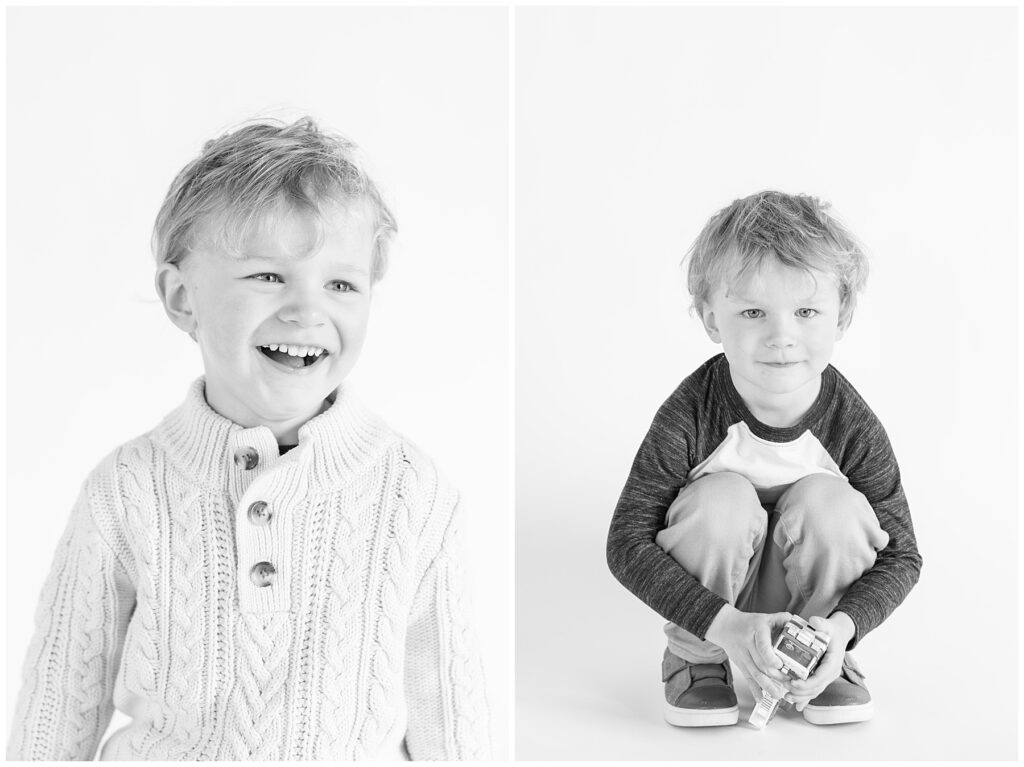 Boy scrunches down holding his legs for a personality mini session in Longmont, Colorado at Sugarhill Photo Studio