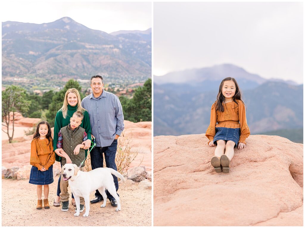 Family of four pose with their dog for Colorado Springs Family Session 