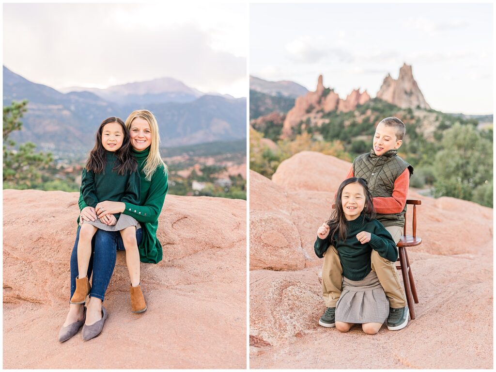 Daughter sits in her mother's lap for light and airy photos at Garden of the Gods