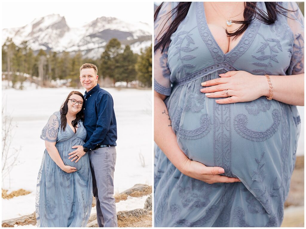 Close up picture of mom's expectant belly at Sprague Lake maternity shoot