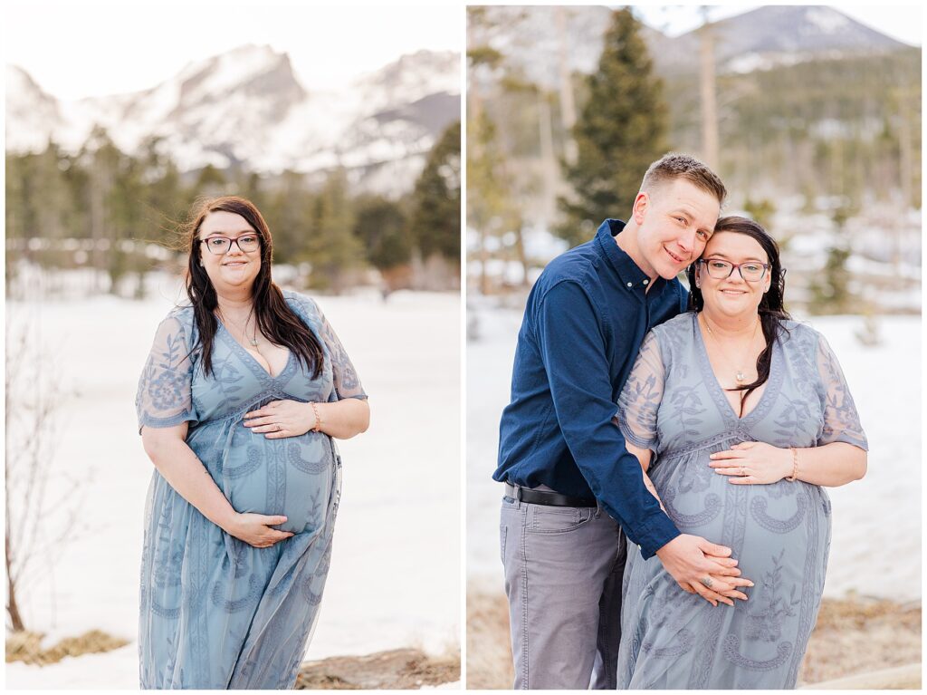 Expectant mother places her hands on top and bottom of her belly during a Sprague Lake maternity shoot in Colorado 