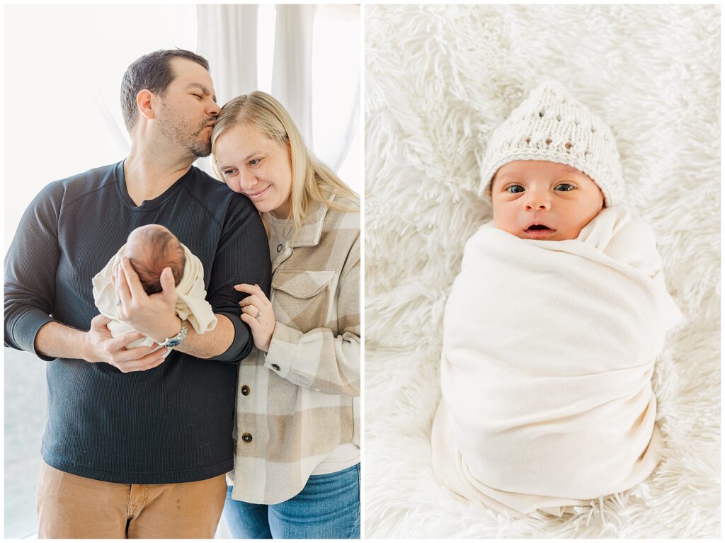 Baby swaddled in white with a crocheted hat looks at the camera for Catherine Chamberlain Photography 