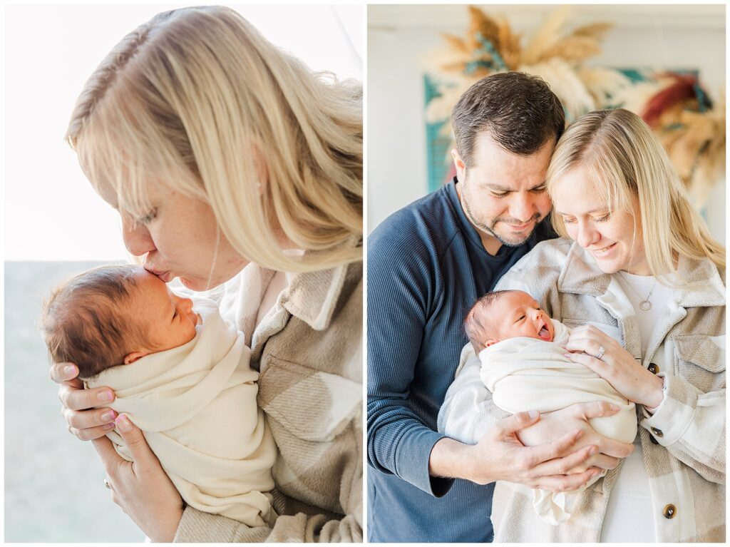 Mother kisses newborn's forehead for light and airy photos at Sugarhill Studio