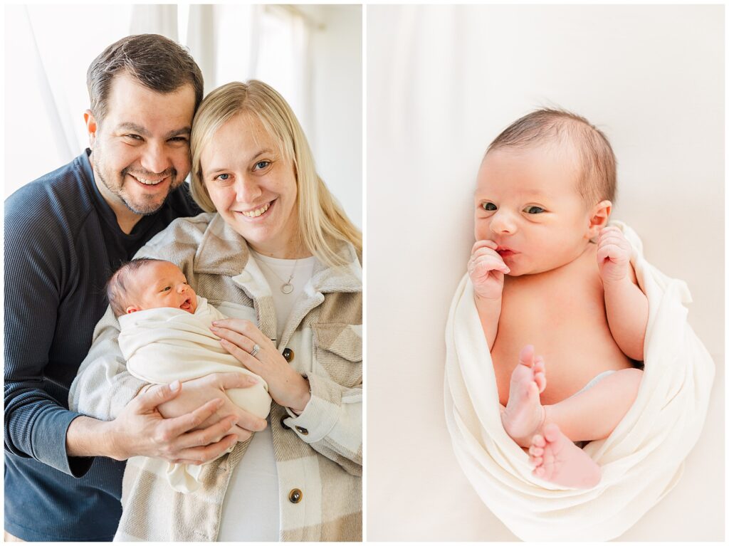 Mother and father stand and pose with their newborn baby girl in Colorado using newborn session preparation tips from Catherine Chamberlain. 