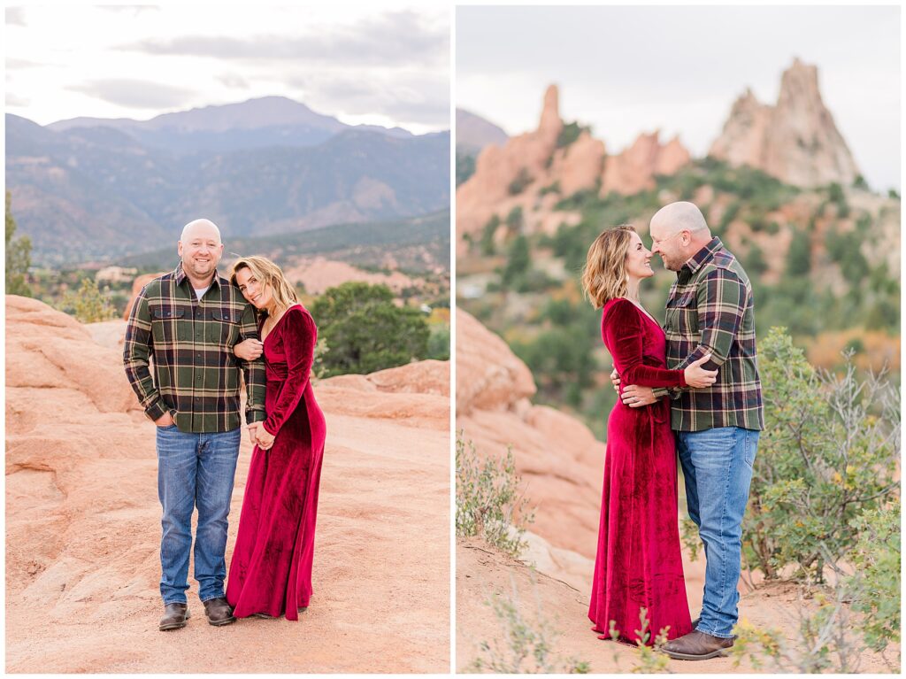 Couple stands together in front of a large Colorado mountain and wife holds onto her husband's arm