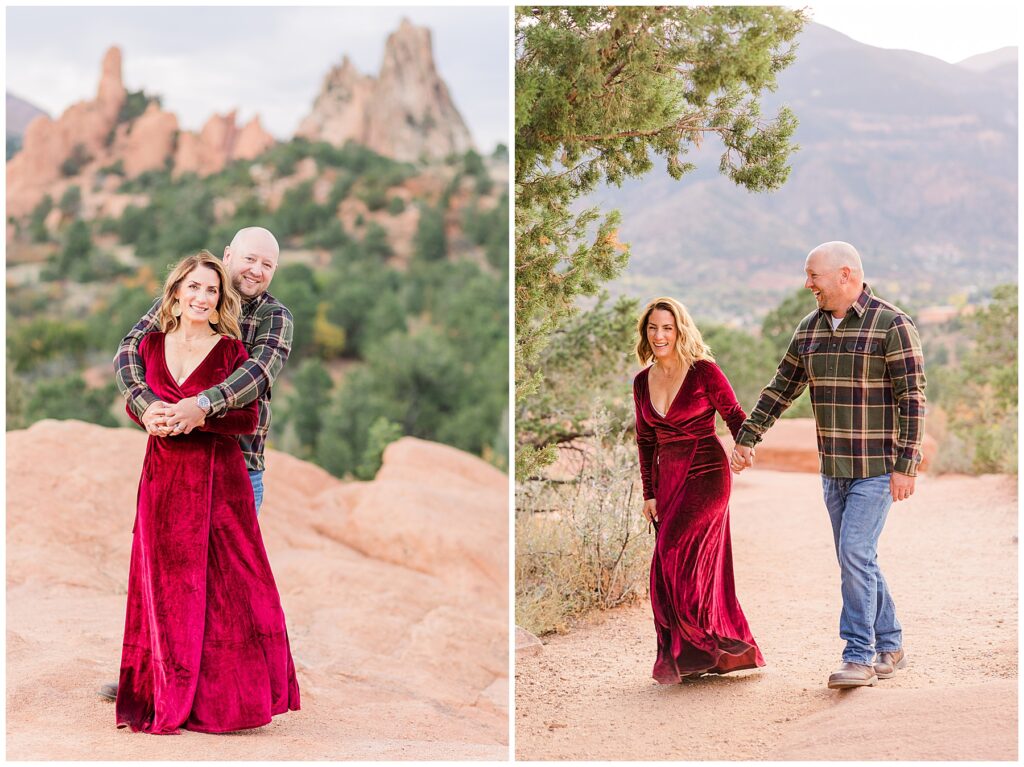 Husband wraps his arms around his wife as they pose for the camera during a family session in Colorado Springs, CO