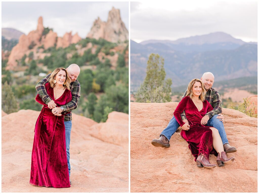Couple sit together on a red rock formation at Garden of the God in Colorado Spring, CO