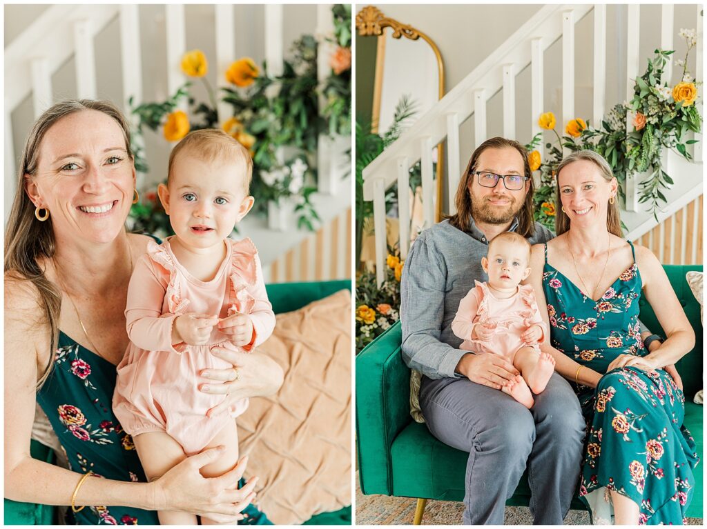Family of three sit on a green couch with a decorated staircase for a light and airy Mother's Day mini session in Northern Colorado