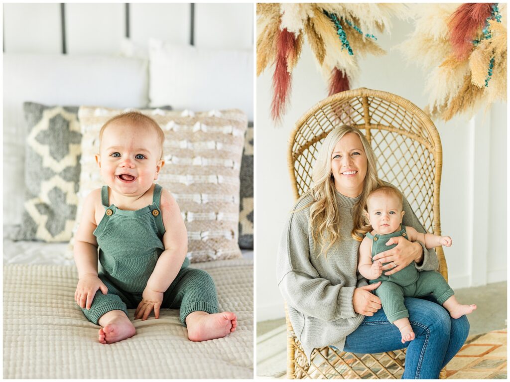 Smiling baby boy sits propped up on a bed with lots of pillows for Mother's Day mini session at Sugarhill Studio in Longmont, CO