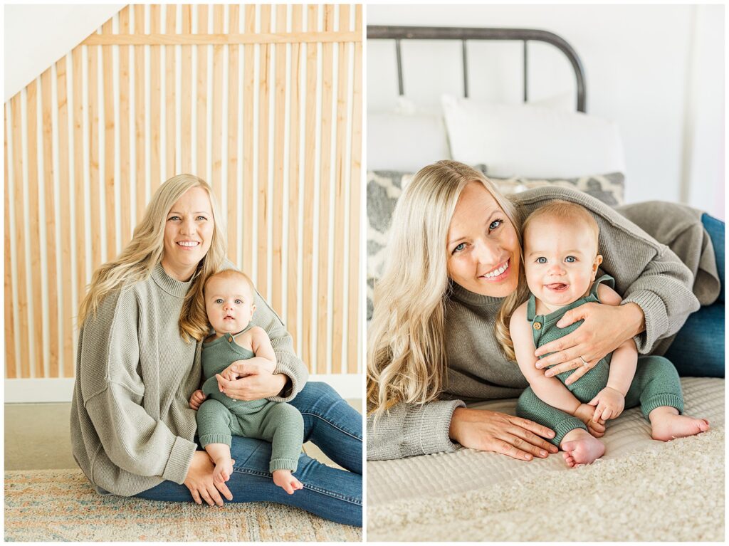 Mother lays on the ground as her baby son sits near her head for light and airy in-studio photos for Mother's Day mini session  at Sugarhill Studio in Longmont, CO