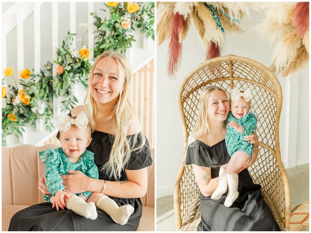 Mother holds her baby girl cheek to cheek while sitting in a large wicker chair during a Mother's Day mini session 
