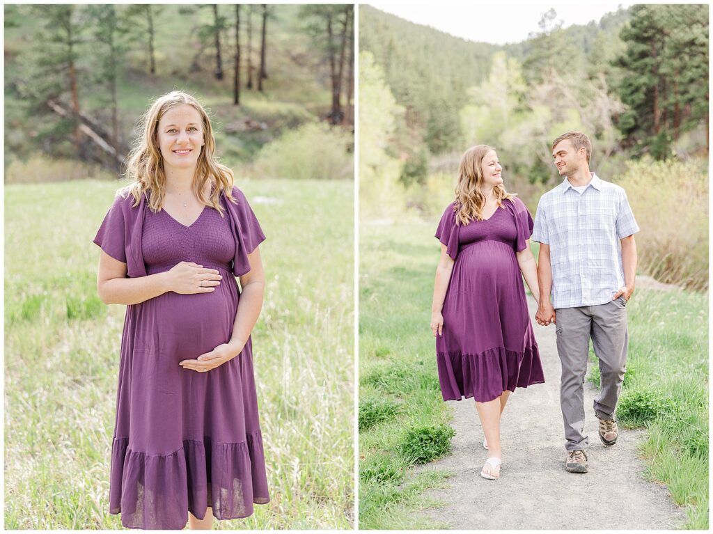 Expecting mom places her hands on the top and bottom of her belly while wearing a purple for an outdoor maternity shoot 