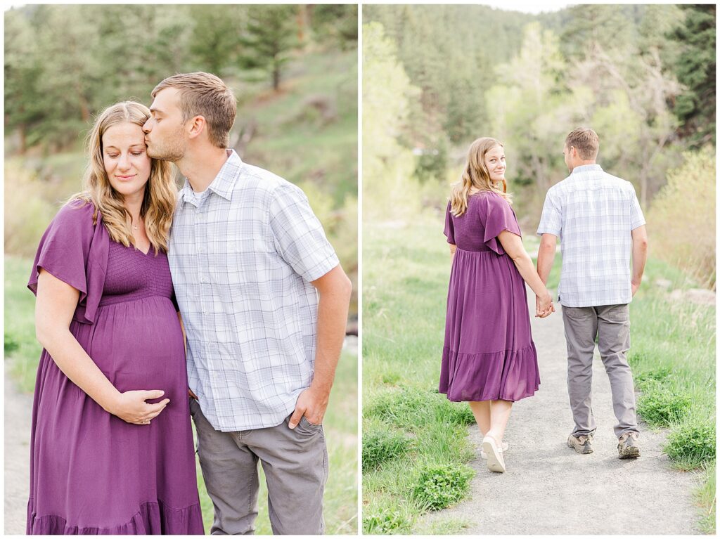 Expecting husband and wife walk down a trail and the mother looks back over her shoulder for maternity pictures with Catherine Chamberlain Photography in Northern Colorado