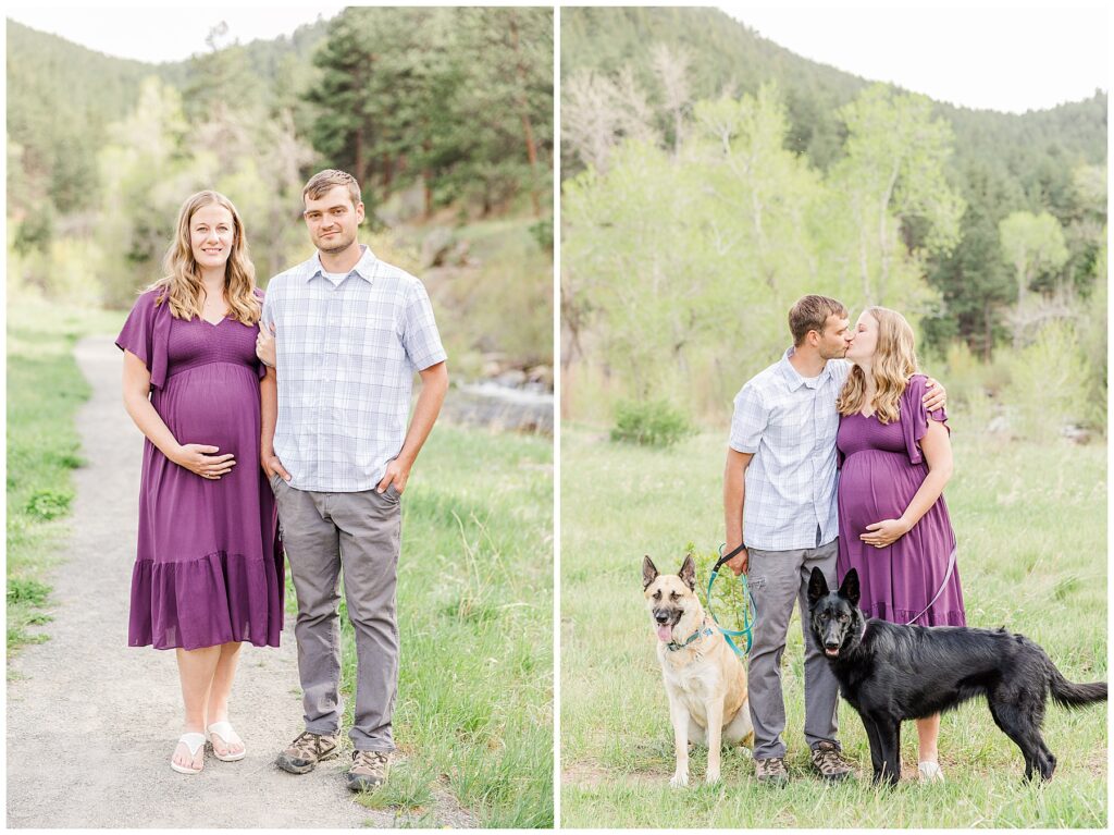 Expecting couple share a kiss while posing with their German Shepherd dogs during a Buckingham Park Maternity Session in Boulder, CO