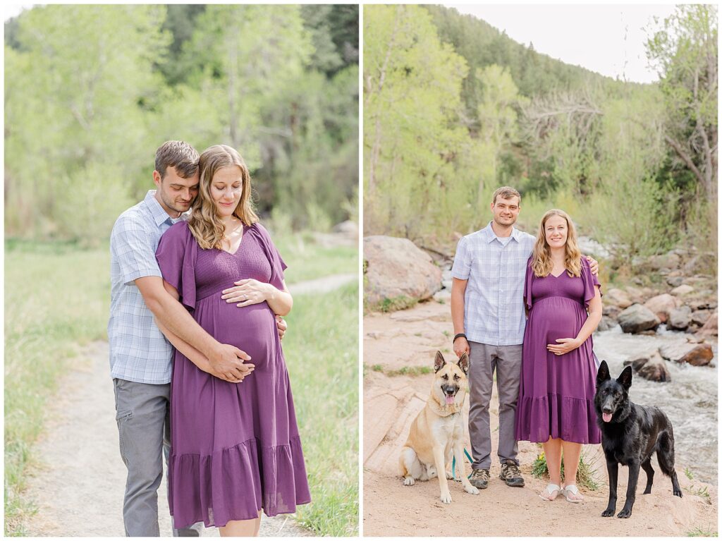 Expecting couple stand together with their two German Shepherds for Buckingham Park Maternity Session in Northern Colorado