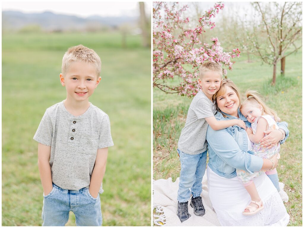 Toddler stand with his hands in his pocket for outdoor spring mini sessions