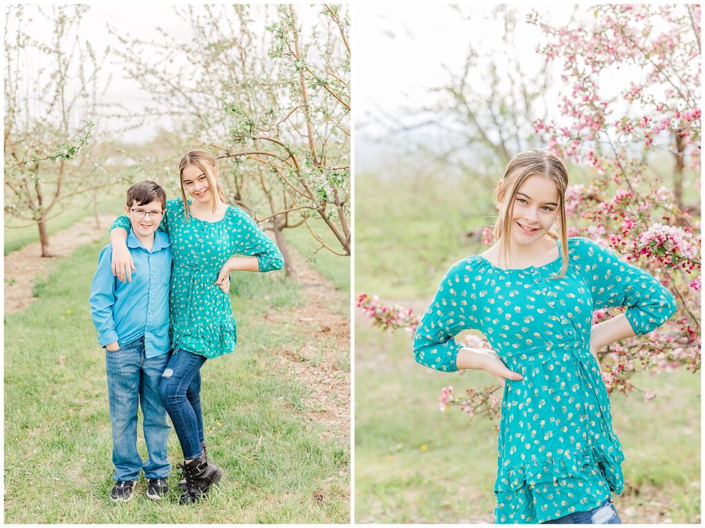 Tween girls places her hands on her hips and strikes a pose during outdoor spring mini sessions