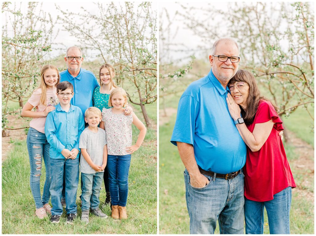 Grandfather stands with his five grandkids during outdoor spring mini sessions