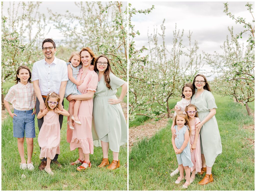 Mother and three daughters dressed in pastels pose for spring photos at Ya Ya Orchard with Catherine Chamberlain Photography