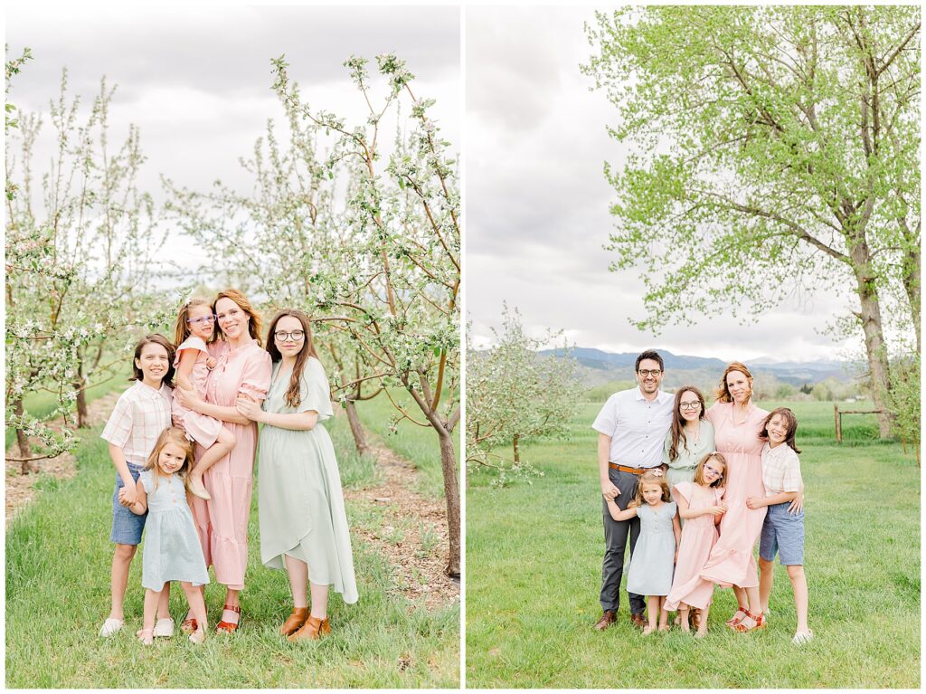 Family of five pose with a mountain in the background for light and airy photos with Catherine Chamberlain Photography