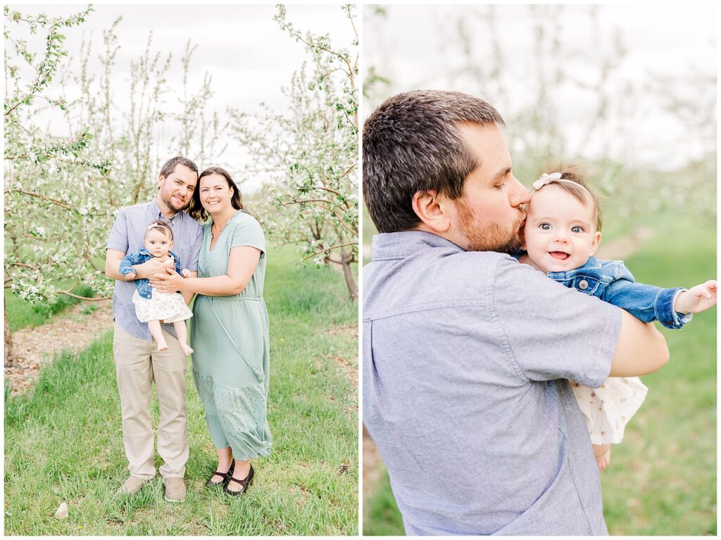 Dad kisses his baby girl's face during outdoor spring mini sessions at Ya Ya Orchard
