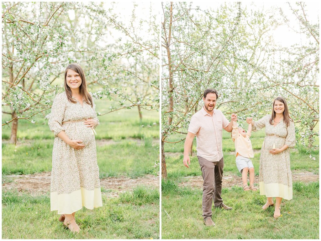 Father and pregnant mother each hold their toddler's hands and lift him off the ground during the Peterson Family Maternity Session