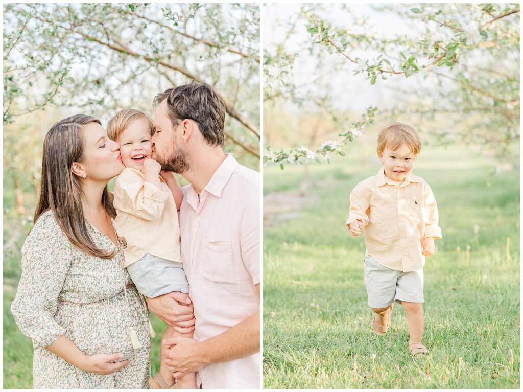 Father and expecting mother sandwich their toddler son kissing him on the cheek as he looks to the camera for Catherine Chamberlain Photography maternity session