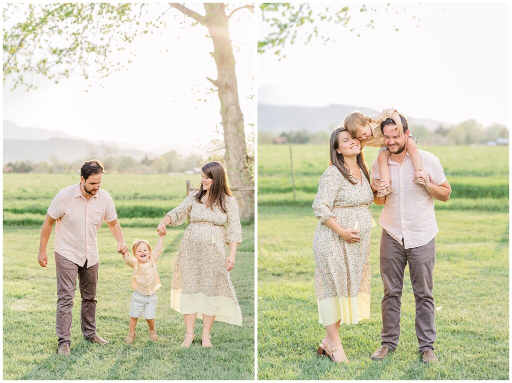 Toddler son sits on top of his father's shoulders and leans down to hug his pregnant mom's neck during Peterson Family Maternity Session | Ya Ya Orchard Longmont, CO
