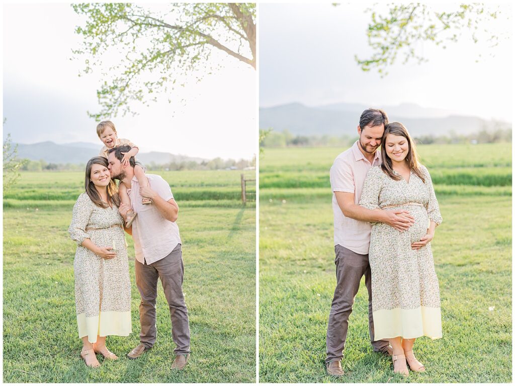 Husband kisses his pregnant wife with his toddler son on his shoulders during the Peterson Family Maternity Session at Ya Ya Orchard Longmont, CO