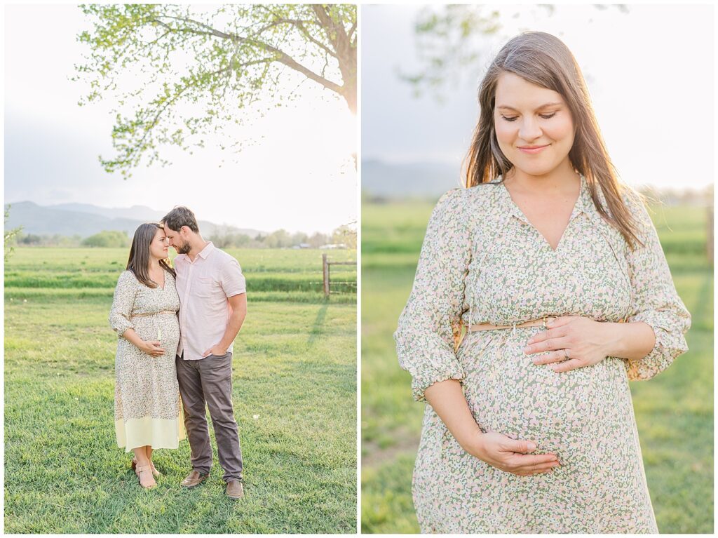 Expecting couple stand together snuggled forehead to forehead with mountains in the background for maternity pictures in Northern Colorado