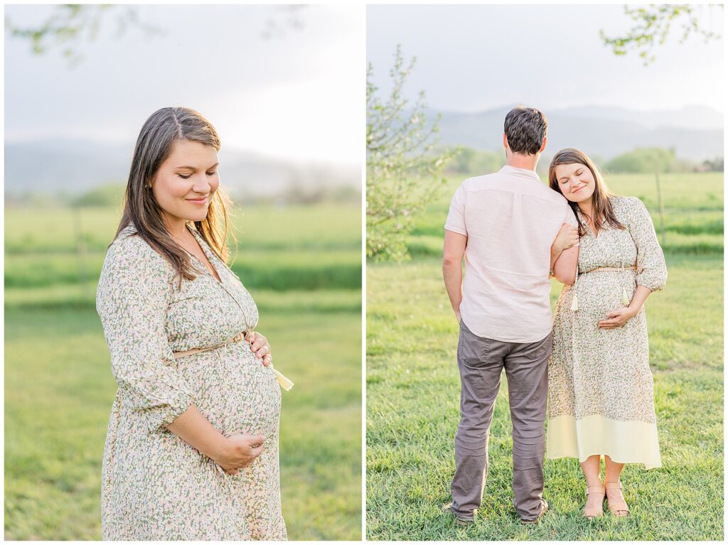 Pregnant mother looks off to the side while holding her belly during maternity pictures with a mountain in the background at Ya Ya Orchard in Longmont, Colorado 