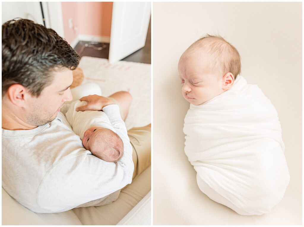 Dad looks down affectionately at his newborn daughter during Conklin Family newborn session in Longmont, CO
