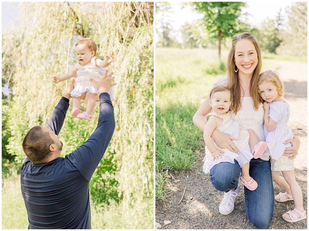 Dad tosses his youngest daughter above his head and catches her with a big smile at Fly’n B Park in Highlands Ranch, CO during the O’Toole Outdoor Family Session