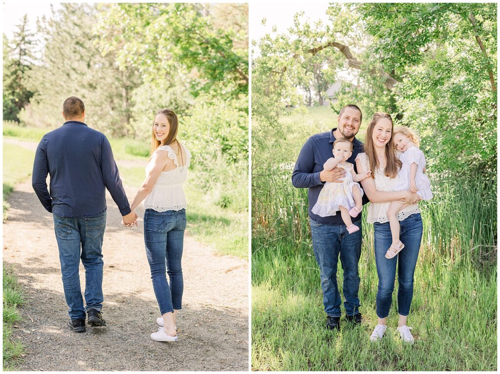 Couple walk hand in hand down a pathway during an outdoor family photoshoot