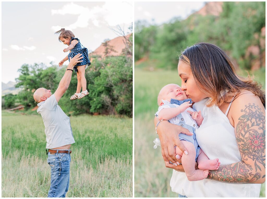 Dad throws his daughter slightly over his head during Red Rocks Family Session in Colorado Springs, CO