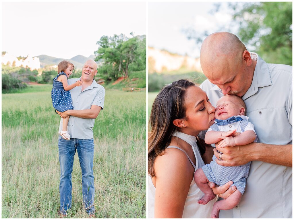 Mom and dad both kiss their newborn Red Rocks Family Session in Colorado Springs, CO