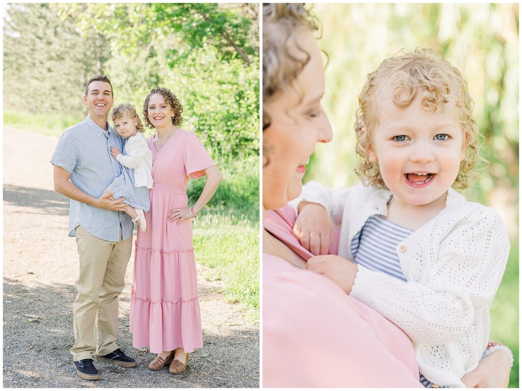 Mom, dad, and toddler daughter stand together on a path for light and airy photos taken by Catherine Chamberlain a Northern Colorado Family Photographer 