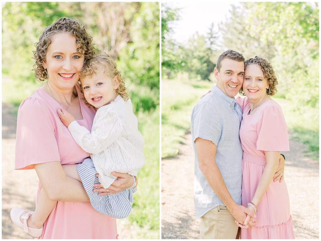 Husband and wife stand cheek to cheek while holding hands during South Denver Mini Sessions