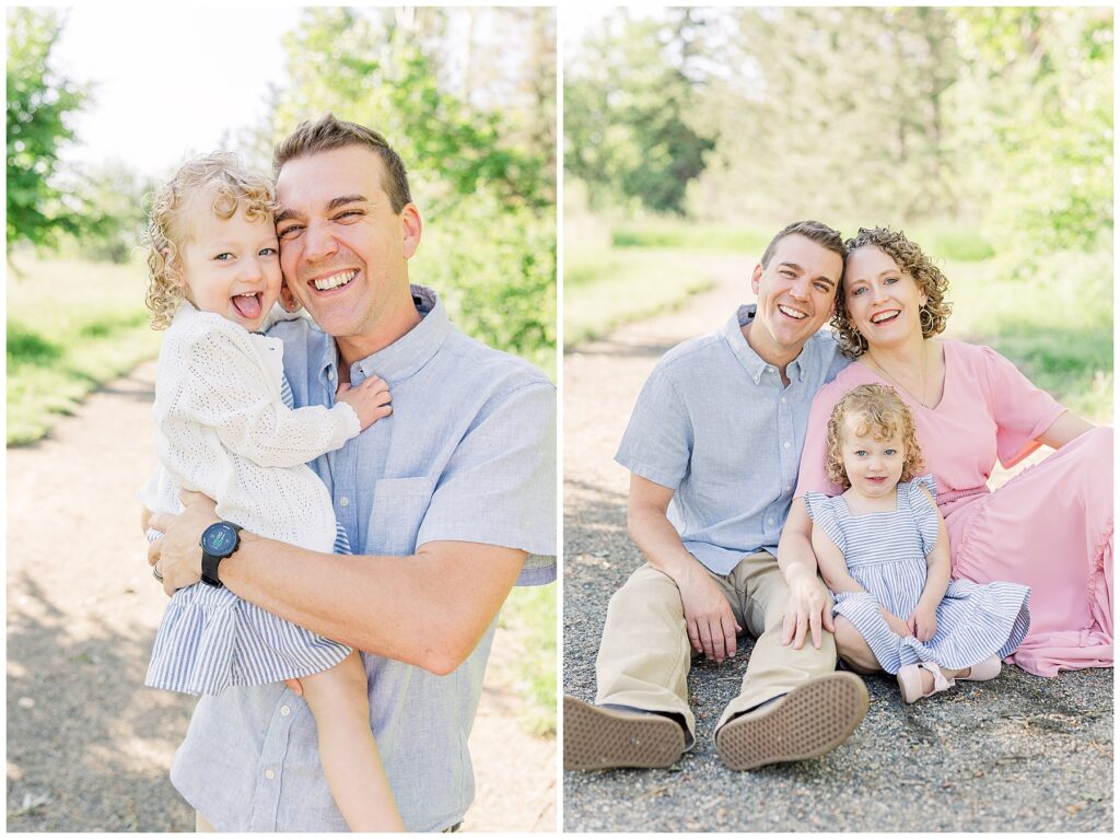 Toddler girl smiles big as dad holds her during mini sessions at Fly’n B Park in Highlands Ranch, CO