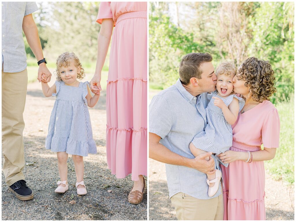 Mom and dad kiss the cheeks of their little girl during family photos at Fly’n B Park in Highlands Ranch, CO