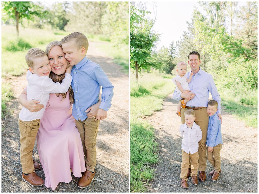 Mother squats down and hugs her two sons during South Denver Mini Sessions with Catherine Chamberlain Photography