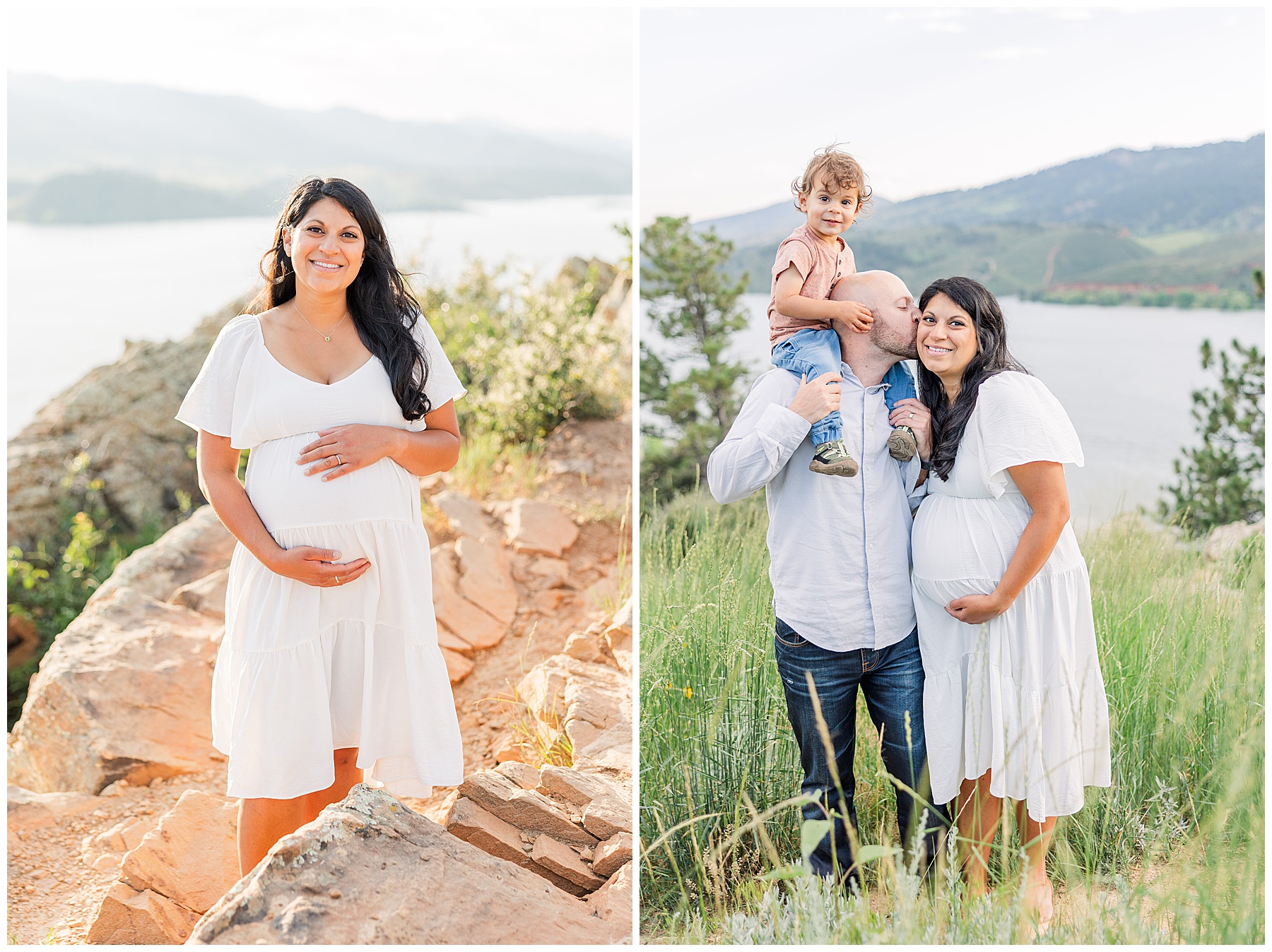 Expecting mother poses in a white dress for outdoor light and airy maternity photos