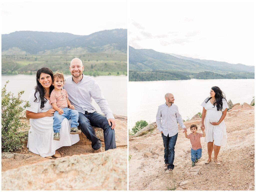 Family of three sit beside a river for Angello Family Maternity Session