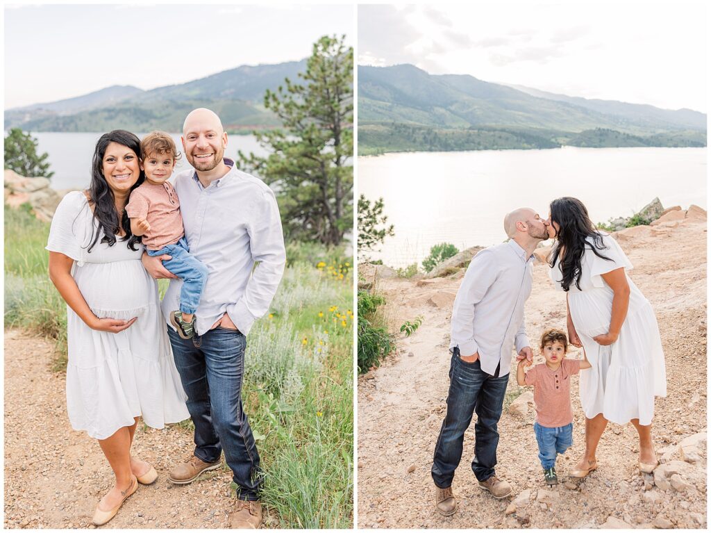 Family of three pose during Angello Family Maternity Session taking by Northern Colorado family photographer Catherine Chamberlain of Catherine Chamberlain Photography
