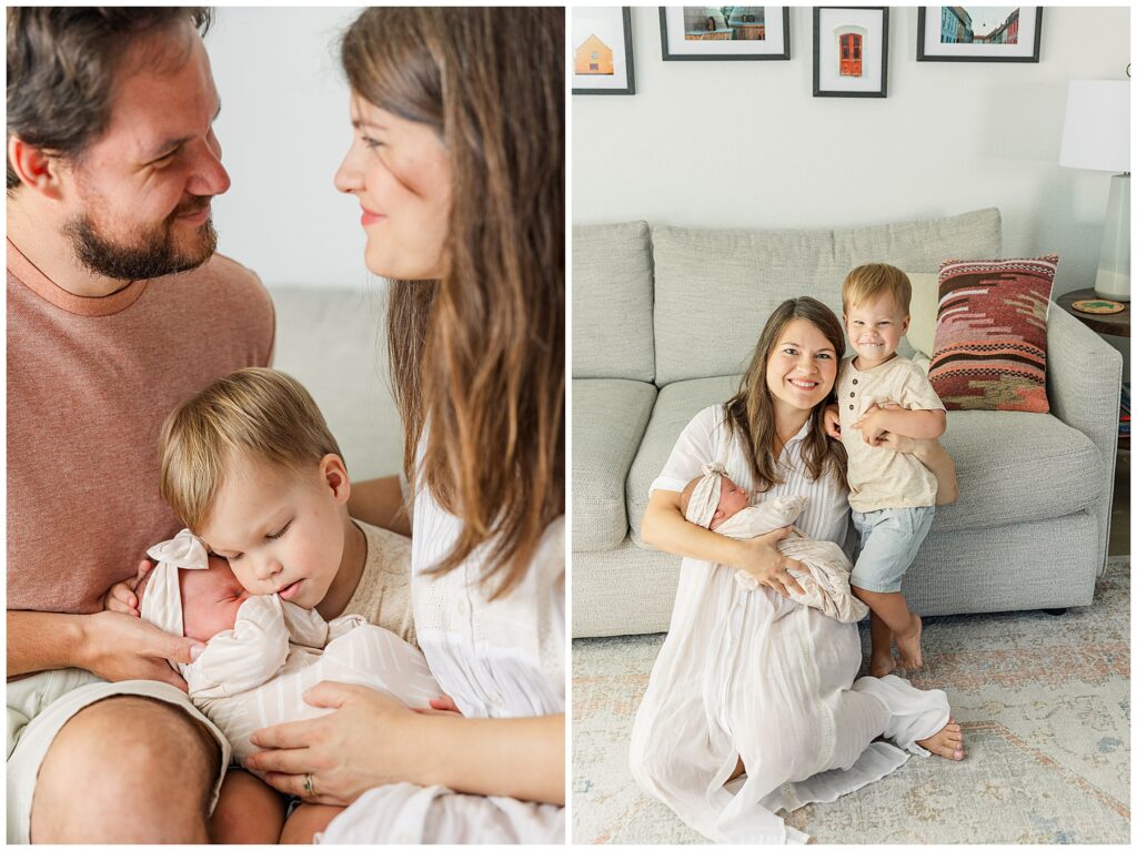 Mom and dad look at each other while their son holds their newborn daughter for Peterson family newborn session in Fort Collins, CO