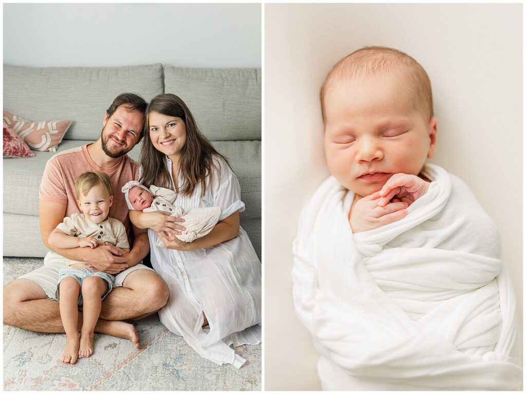 New family of four sit in the floor of their couch for newborn photos