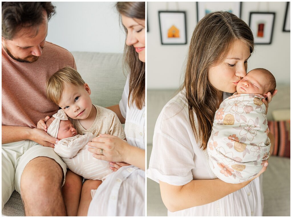 Mom kisses her newborn on the cheek during in-home photos in Fort Collins, Colorado