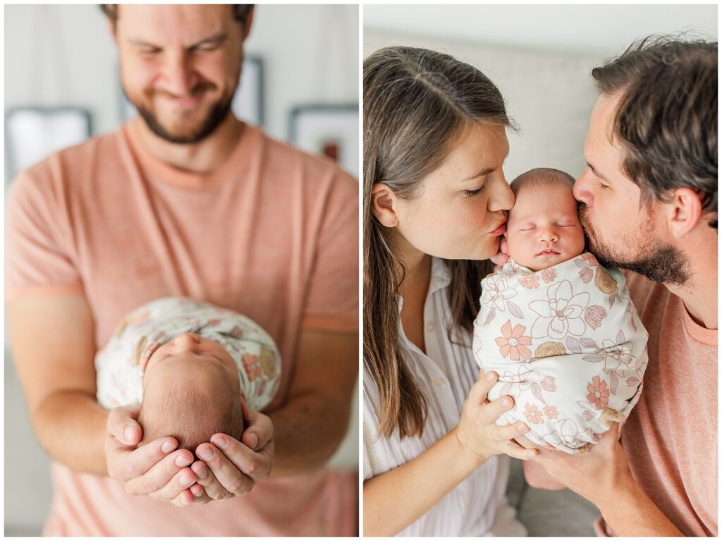 Mom and dad kiss their newborn daughter on the cheek during light and airy family photos with Catherine Chamberlain Photography based in Northern CO
